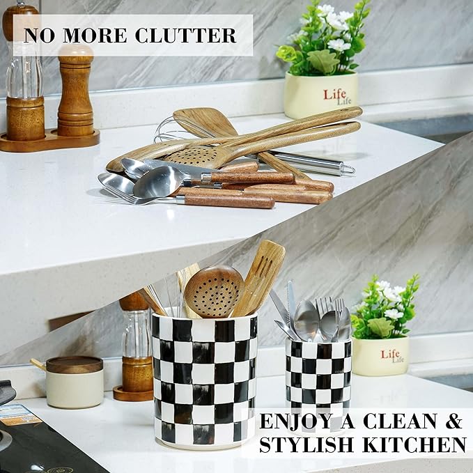 Utensil Holder, 7.2"+5.4" Checkered Ceramic Utensils Holder, Large and Small Utensil Crocks for Kitchen Counter, Spatula Holder, Farmhouse Kitchen Decor