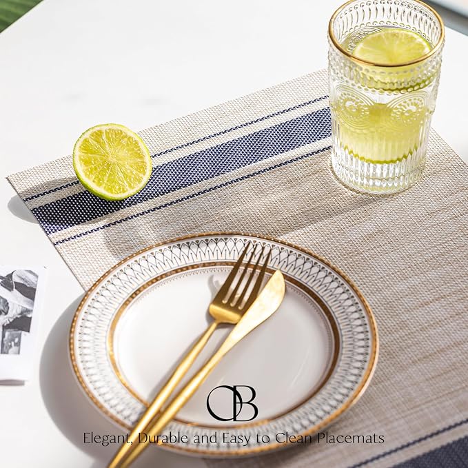 Placemat Set of 4 - Easy Clean Woven Vinyl Placemats for Dining Table, Indoor/Outdoor Place Mats, Washable PVC Table Mats（Blue Skyline）