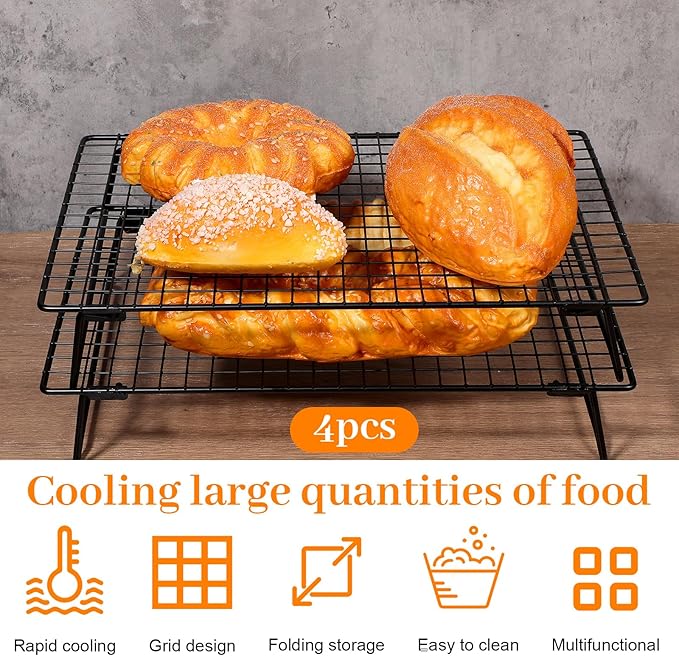 4 Pcs Cooling Racks, 13.4x9.45 Inch Cookie Cooling Racks For Baking, Stackable Carbon Steel Wire Rack with Folding Legs For Cooking, Roasting, Grilling