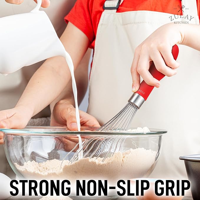 Zulay Kitchen Stainless Steel Balloon Whisk 12 Inch – Heavy Duty and Durable Wire Whisk with Non-Slip Silicone Handle for Blending, Whipping & Beating - Red