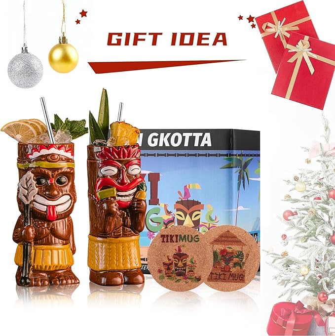 Gift-Set Tiki Mugs for Cocktail Set of 2 - Ceramic Tiki Cups,Tiki Glasses Cute Exotic Cocktail Glasses, For Hawaiian Party And Tiki Bar