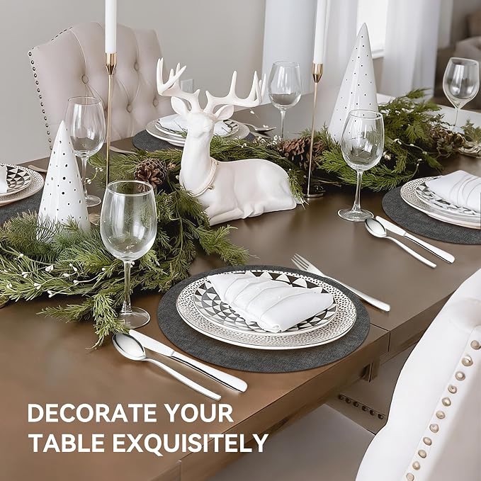 13"Round Placemats Set of 8, Reversible Faux Leather Heat Resistant Table Mats, 100% Waterproof Oilproof Wipeable Table Protective Placemats for Vinyl, Washable for Indoor & Outdoor Use (8, Deep Gray)