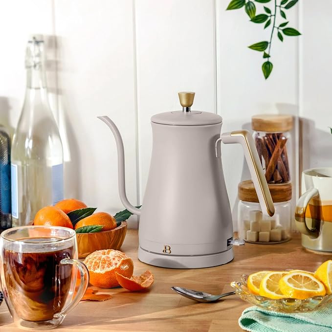 Electric Gooseneck Kettle 1 Liter 1200W Fast Boil with Precision Pour Spout, Stainless Steel Interior, Auto Shut-Off & 360° Swivel Base (Porcini Taupe)