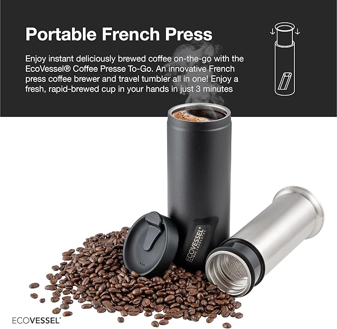 EcoVessel Travel French Press, Portable Coffee Maker, Stainless Steel Insulated Coffee Press, Reusable Single Serve Bottle for On-The-Go Use, 14oz (Stone)