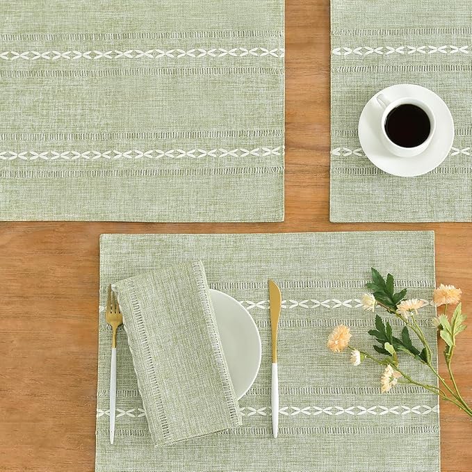 Wracra Cotton Linen Placemats, 12 x 18 Inch Set of 8 Placemats Rustic Hemstitch Place Mats for Kitchen Table and Heat Resistant-Hemstitch Sage Green