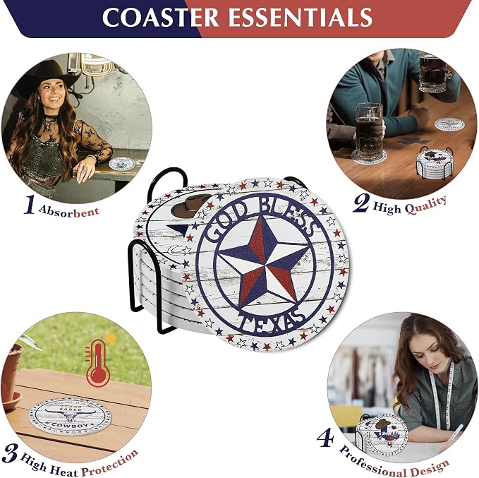 Texas Souvenirs Gifts for Men Women,Travel Souvenir Coaster Set of 6,Drink Absorbent Coasters with Holder, Coffee Table Decor Ceramic Stone Coaster for New Home, Apartment Kitchen Bar