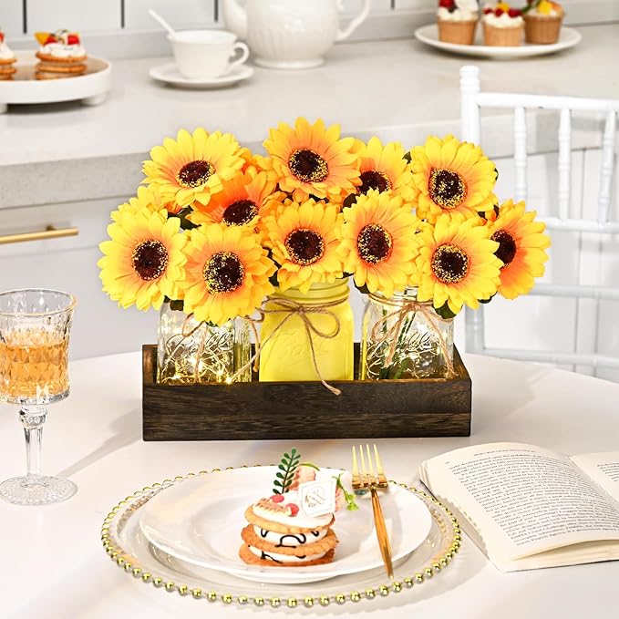 BLEUM CADE Centerpiece Table Decorations - Mason Jar Lights Centerpiece for Kitchen Dining Table Farmhouse Coffee Table Wedding Home Decor with 3 Jars Sunflowers Artificial Flowers & Wood Tray