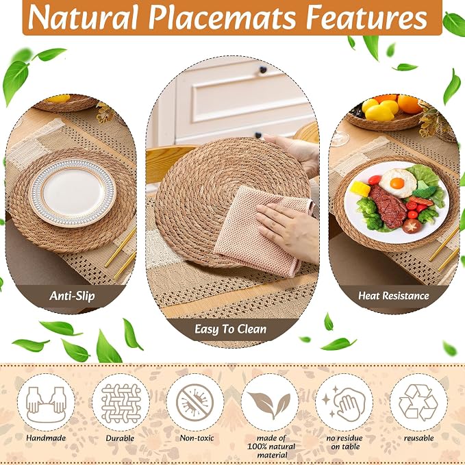 Boho Placemats 4/6/8 Set of Round Woven Placemat Macrame Style Bicolor Stitching Long Table Runner Farmhouse Rustic Natural Burlap Cotton for Kitchen Dining Table(6 Sets,Khaki B,12x72)
