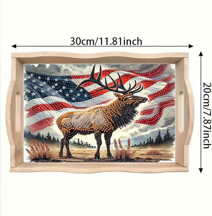 BAYUNOE DIY Diamond Serving Tray Rectangular Breakfast Tray with Handle Handmade Diamond Art Painting Wooden Tray Spring Creative Dinner Plate Coffee Room Living Home Organizer-USA Moose