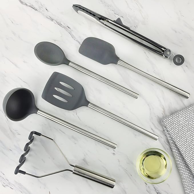 Tovolo Silicone Cooking Utensil Set of 6 Stainless Steel Handle Ladle Slotted Turner Tongs Flex Core Spatula Scraper Mixing Spoon & Potato Masher, Dishwasher Safe BPA Free Utensils, Charcoal Gray
