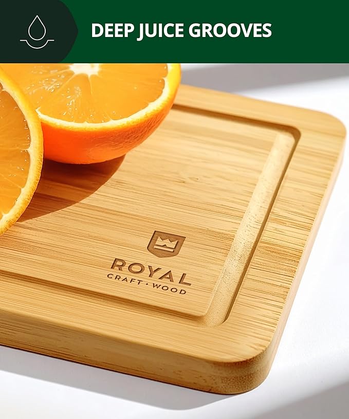 ROYAL CRAFT WOOD Wooden Cutting Boards for Kitchen Meal Prep & Serving - Bamboo Wood Serving Board Set with Deep Juice Groove Side Handles - Charcuterie & Chopping Butcher Block for Meat