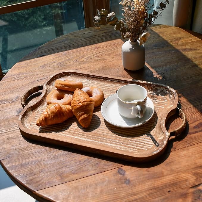 Rustic Wood Serving Tray with Metal Twine Handles Set of 2 Rectangular Decorative Trays Farmhouse Platter for Food, Fruit, and Coffee Great for Bed, Patio, Ottoman, Coffee Table, Kitchen, or Party.