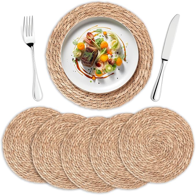 Round Woven Placemats Set of 6 | Handmade Natural Wicker Placemats for Holiday Wedding Home - Slip Heat Resistant Rattan Chargers for Dinner Plates (13 Inch)