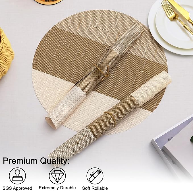 Round Placemats Set of 4, 15 Inch Woven Vinyl Heat Resistant Place Mats, Washable Non Slip PVC Table Mats for Kitchen Dining Party Outdoor Table Decor (Beige Light Brown, 4)