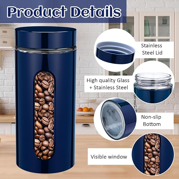 Mimorou 6 Pack Kitchen Canisters Set Airtight Coffee Sugar Tea Storage Jars with Window Glass Stainless Steel Containers with Lids for Flour Cookies Spices Grains Kitchen Decorations(Navy Blue,44 oz)