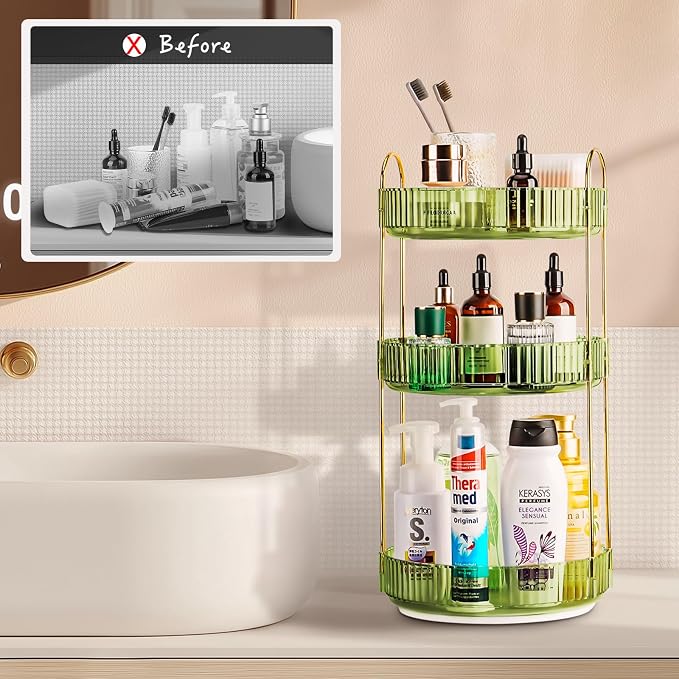 360 Rotating Makeup Organizer - Large Capacity Spinning Perfume & Cosmetic Skincare Holder for Vanity & Countertop (Gem Green, 3 Tier)
