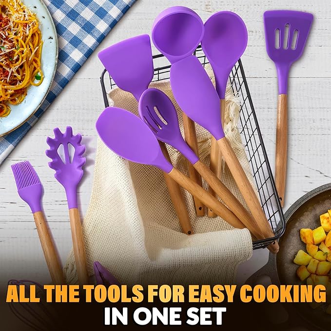 12 Pcs Purple Kitchen Utensils Set with Holder – Versatile Silicone Utensils Set for Cooking and Baking, Gentle on Pots and Pans, Heat-Resistant, Stylish, Easy to Clean, Purple Kitchen Accessories