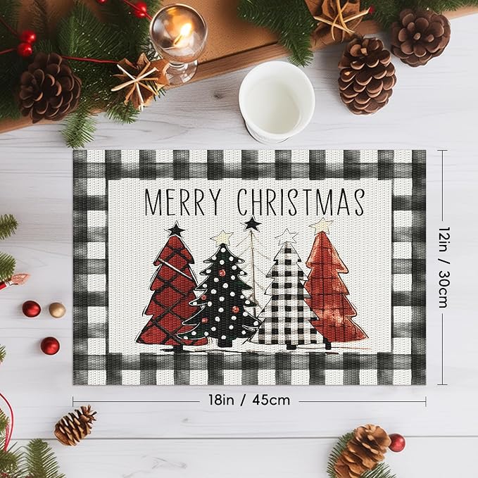 Aofmee Christmas Placemats Set of 6, Washable Christmas Place Mats for Kitchen Dining Table, Indoor/Outdoor Woven Vinyl Christmas Table Mats, Non-Slip Heat Resistant Holiday Placemats Easy to Clean