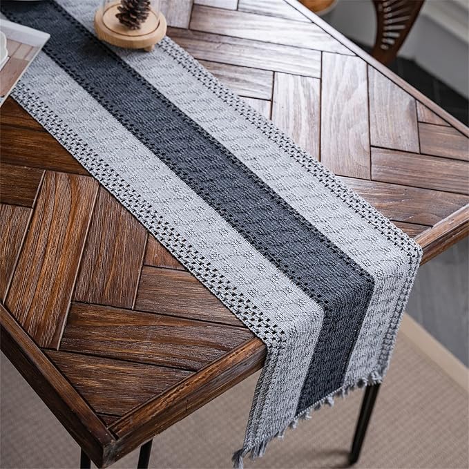 Macrame Table Runner Grey Boho Table Runners with Tassels Hand Woven Cotton Table Runner Rustic Farmhouse Table Runners for Bohemian Kitchen Dining Table(12x95in)