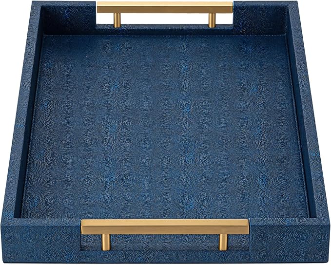 Navy Blue Faux Leather Serving Tray with Handles – Large Decorative Tray for Coffee Table, Ottoman, Living Room, Bathroom – Home Decor