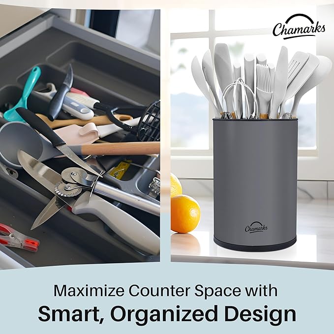 3-in-1 Kitchen Utensil Holder for Countertop with Knife Block and Silverware Caddy. (Gray)