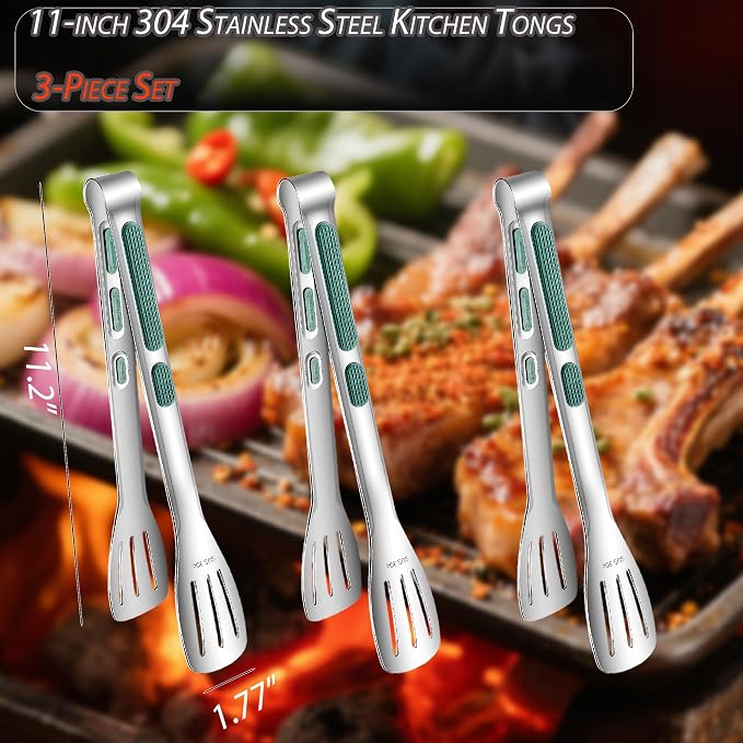 Stainless Steel Kitchen Tong Set - Anti-Slip Heat-Resistant Grip, Widened 3-Line Slotted Heads for Easy Clamping (Steaks, BBQ, Pasta, Salads), Easy Clean for Versatile Use Set of 3-11", Green