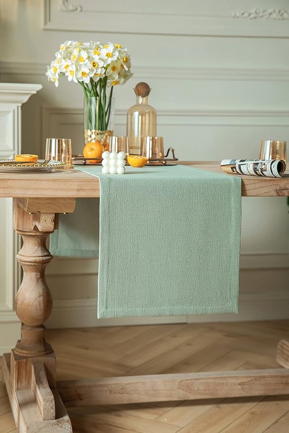 ZeeMart Burlap Style Farmhouse Table Runners 108 Inches Long, Sage Green Rustic Woven Dining Table Runner for Everyday Use, 14x108 Inches, Seafoam