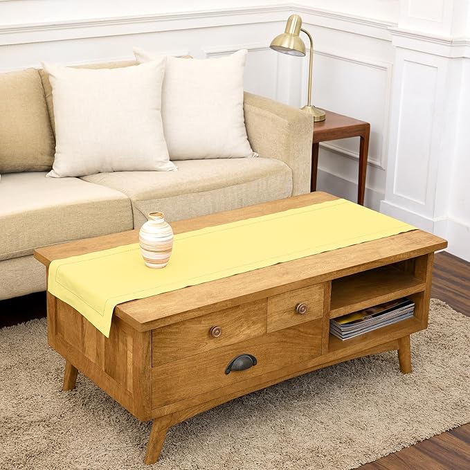 Solino Home Yellow Table Runner 60 Inches - Cotton Linen Hemstitch Coffee Table Runner 14 x 60 Inch Ideal for Dresser Tables