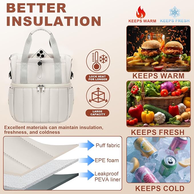 LOIDOU Insulated Lunch Bag for Women Men, Double Layer Leakproof Lunch Box, Quilted Reusable Lunch Tote Bags Large Capacity Work Lunchbox for Adult, Office, Nurse, Teacher