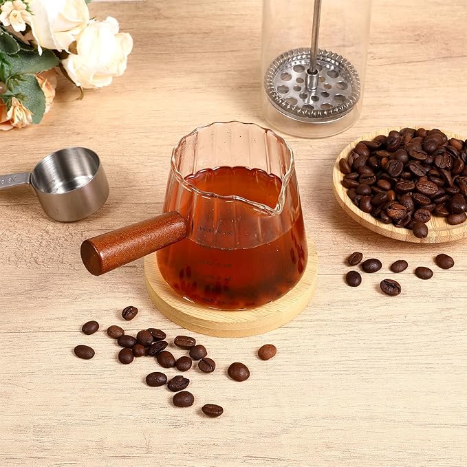 4 Pcs 6 Oz/180 ml Espresso Shot Glass with Wood Handle, Espresso Accessories, Single Spouts Milk Frother Measuring Cup with Clear Scale Heat Resistant for Coffee Milk Tea Syrup