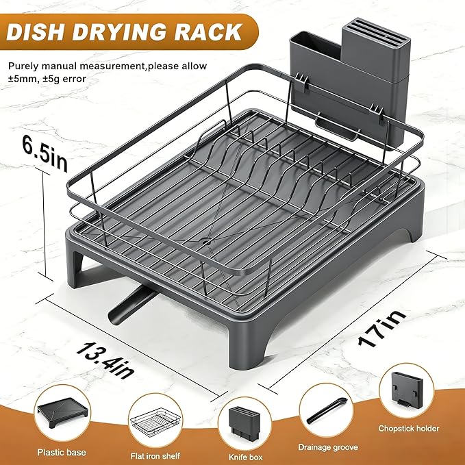 Dish Drying Rack for Kitchen Counter, Dish Rack, Dish Drainer for Kitchen with Built-in Drain, Stainless Steel Sink Organization and Storage Essentials with Cutlery Holder (17" x 13.4", Gray)