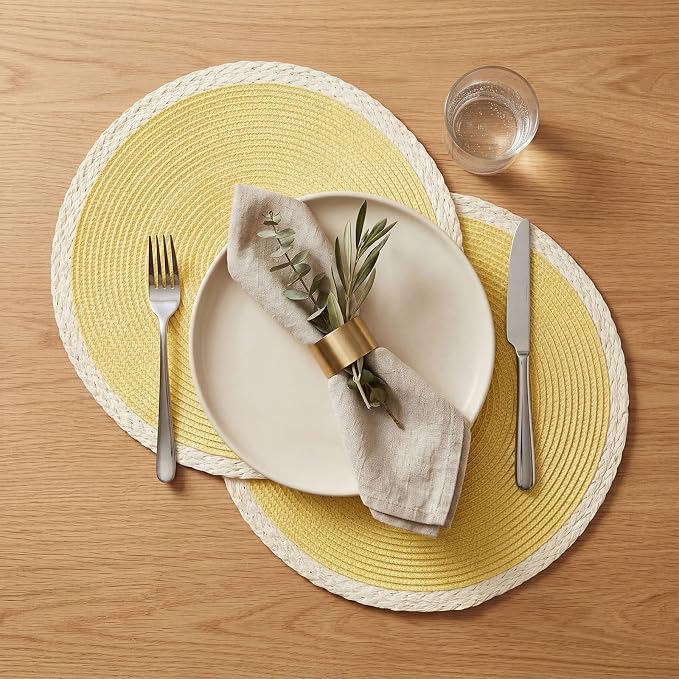 Noctiflorous Braided Round Placemats Set of 6, 15 Inch Woven Table Mats, Non-Slip Washable Place Mats for Kitchen Dining Table Decor (Mint Yellow, 6)