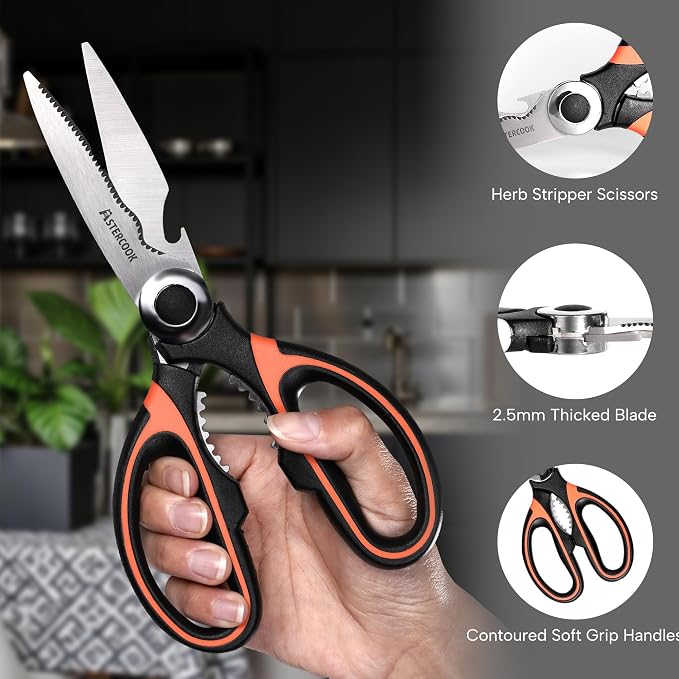 Astercook 2 PCS Kitchen Shears for Food, Heavy Duty Kitchen Scissors for Cutting Meat and Poultry, Multi-Purpose Sharp Scissor, Ergonomic Design