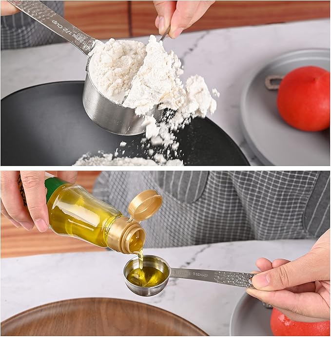 Measuring Cups and Spoons Set, 18/8 Stainless Steel Measuring Cups and Spoons Set for Baking & Kitchen, Metric & US 5 Measure Cups & 6 Spoons with 1/8, 1/4 Cup
