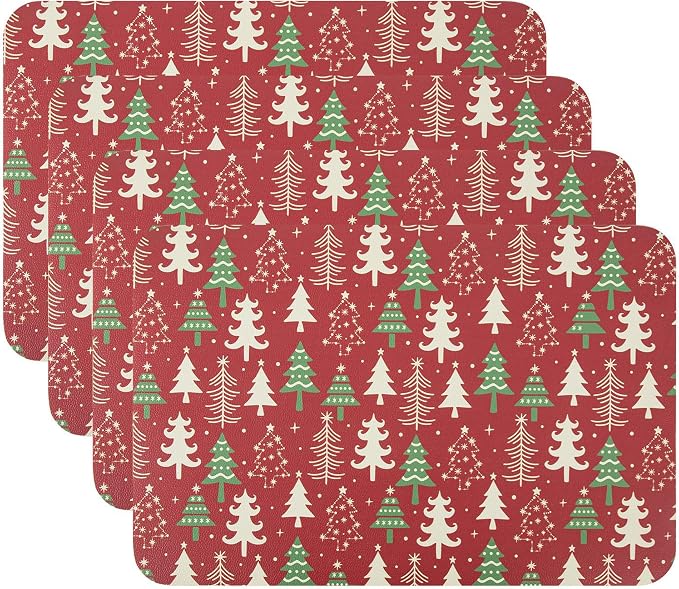 Placemats Set of 4-Waterproof Heat Resistant Non-Slip Washable Table Mats for Dining Table,12 x 18 inch Christmas Tree