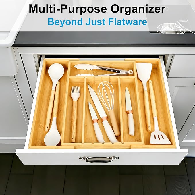 Bamboo Expandable Drawer Silverware Organizer (12.6-20.5") | 3 removable dividers,5 tracks for custom storage. Multi-use for utensils, stationery, tools. Durable bamboo, wipe clean