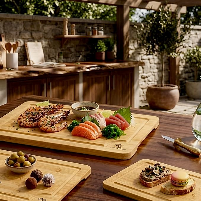 Bamboo Cutting Board Set – 3-Piece Wooden Kitchen Boards for Meal Prep & Serving – Durable Bamboo with Deep Juice Groove & Side Handles – Great for Meat, Vegetables & Charcuterie