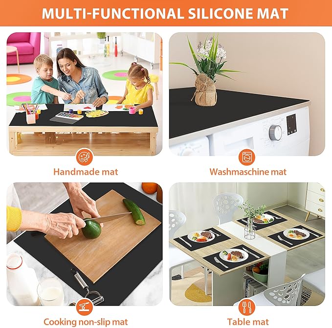 Silicone Mats for Kitchen Counter, Heat Resistant Countertop Protector, Non-Slip Table Mat Desk Saver Pad, Non-Stick Reusable Pastry Mat, Silicone Placemat, Craft Mat - 25'' X 17", Black