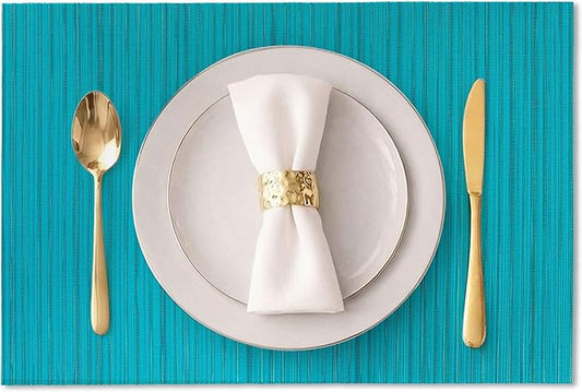 AHHFSMEI Placemats Set of 6 Woven Vinyl Non-Slip Heat Resistant Stain Resistant Easy Clean Place mats for Dining Table(Turquoise)