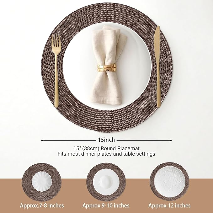 FunWheat Round Braided Placemats Set of 8 Place Mats for Dining Table Woven Washable Non-Slip Table Mats 15 Inch(Brown,8pcs)