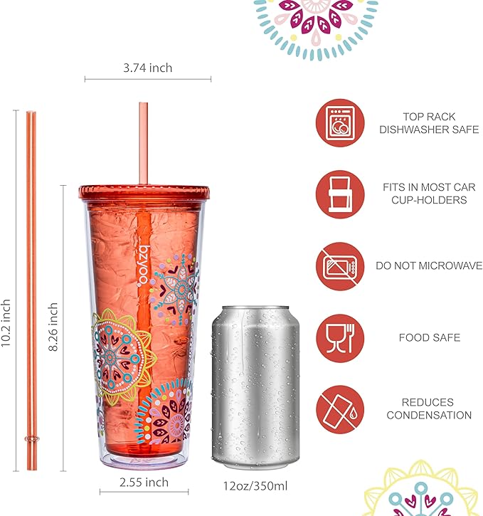 bzyoo SIP 24oz (710ml) Double Wall Plastic Tumbler with Lid and Straw Cold Drink Travel Mug Reusable Party Cup Perfect for Ice Coffee, Tea Office Poolside Parties Gifts Color: Medallion Orange