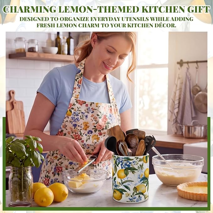 Suclain Lemon Ceramic Utensil Holder 6.3 Inch Rustic Kitchen Crock Summer Lemon Floral Design Countertop Storage Organizer for Spatula and Spoon Home Cooking Unique Gift Idea