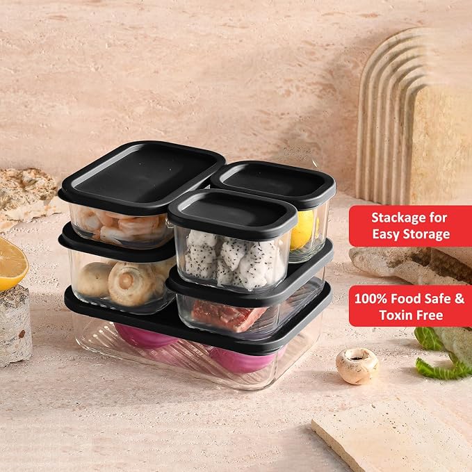 EATEX Grooved Base Glass Meal Prep Containers, 12 Pack Glass Food Storage Containers with Lids for Meal Prep & Lunch, Microwave Oven Freezer Dishwasher Safe, Anti Moisture Non-Stick Design - Black