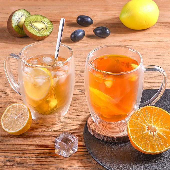 Double Wall Glass Coffee Mugs, Glass Coffee Mugs with Handle, Insulated Clear Coffee Mugs Set of 4, Perfect for Espresso, Cappuccino, Latte, Americano, Tea Bag, Beverage -12 Ounces