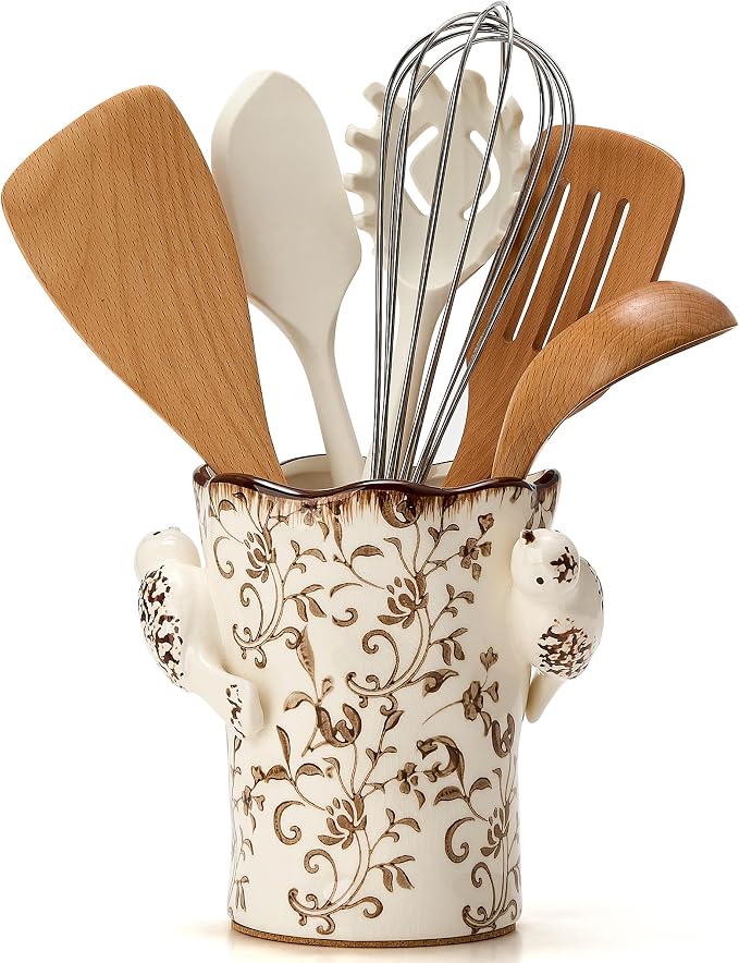 6.34"H Utensil Holder for Kitchen Counter, Modern Farmhouse Cooking Utensil Holder and Crock Home Kitchen Decor, Ceramic Utensil Organizer for Spatula, Ladle, Eggbeater- Brown Flower Patterns