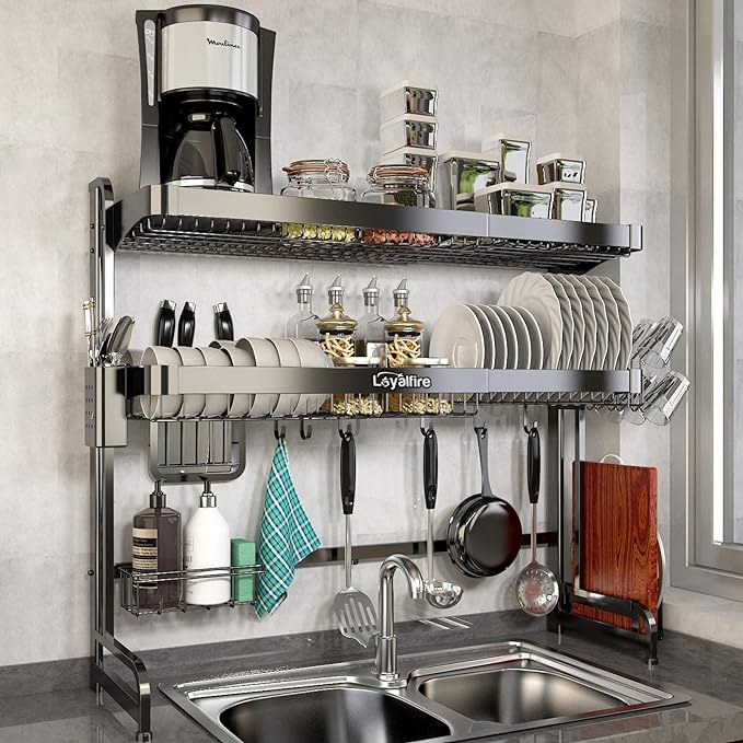 Loyalfire Over Sink Dish Drying Rack, 3 Tier Adjustable Length (20.87'' to 37.6'') Full Stainless Steel Large Storage Kitchen Dish Rack, Expandable Drainer Shelf Rack with Multifunctional Organizers