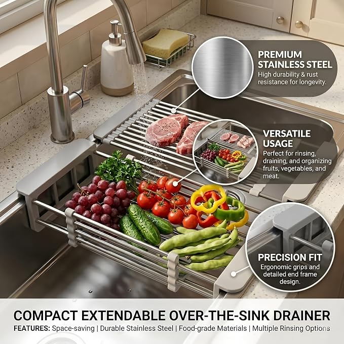 Adjustable Countertop Over Sink Dish Drying Rack, Gray, Small | Stainless Steel, Adjustable Countertop Drainer, For Plates, Bowls, Utensils, Kitchen Organizer