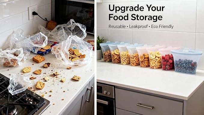 Reusable Silicone Food Storage Bags – 6 Pack Stand-Up Leakproof BPA-Free Silicone Bags for Meal Prep, Sandwich, Snacks & Freezer Storage (500ml, 1000ml, 1500ml)