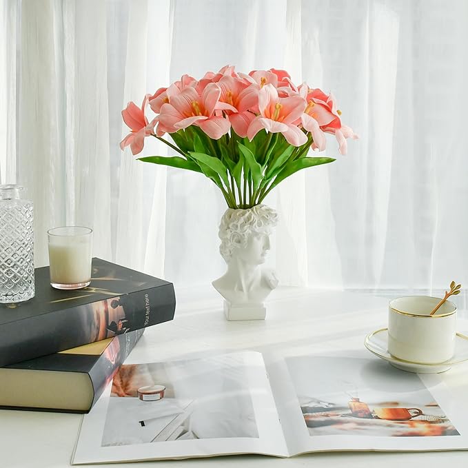 Mandy's Pink Fully Bloomed Artificial Tulips Flowers Centerpiece, 13.5" Lifelike PU Fake Floral Stems 12pcs for Kitchen Island & Dining Table, Spring Decor for Easter