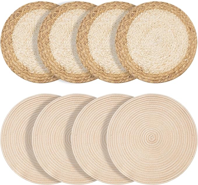Handmade Round Boho Placemats Set of 4 | Natural Woven & Polyester Braided Combo Table Mats | 8-Piece Versatile Place Mats | Simple Rustic Farmhouse Style Dining Table Decor